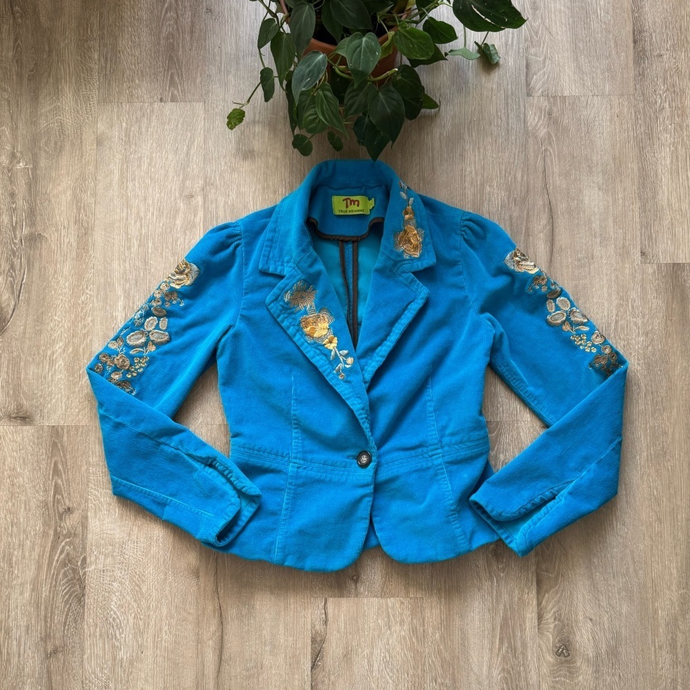 VTG y2k Turquoise Blue Corduroy Floral Embroidered Jacket boho 2000’s